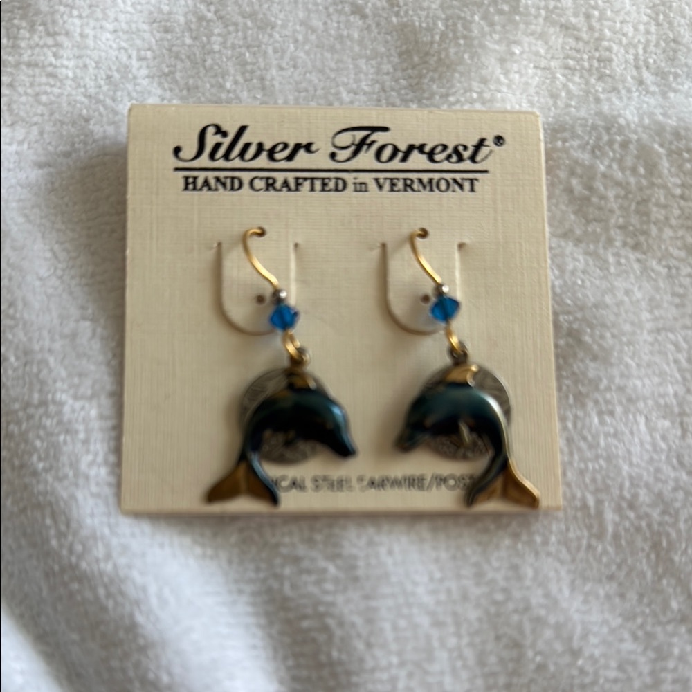 Silver Forest Dolphin Earrings - Blue and Gold